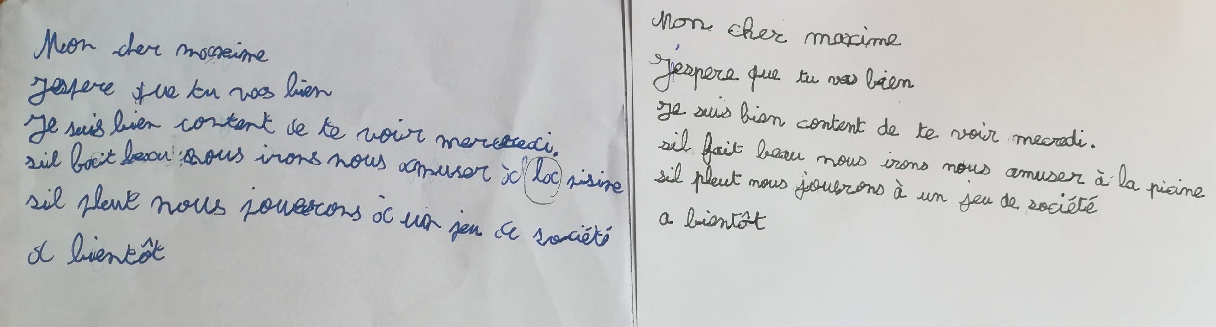 Premier exemple de progrès en écriture